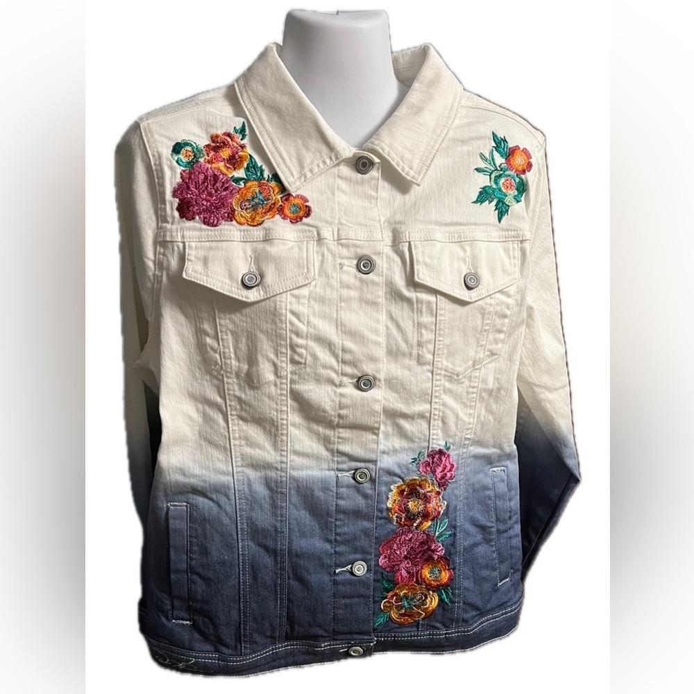 Embroidered Ombre Denim Jacket - White to Navy